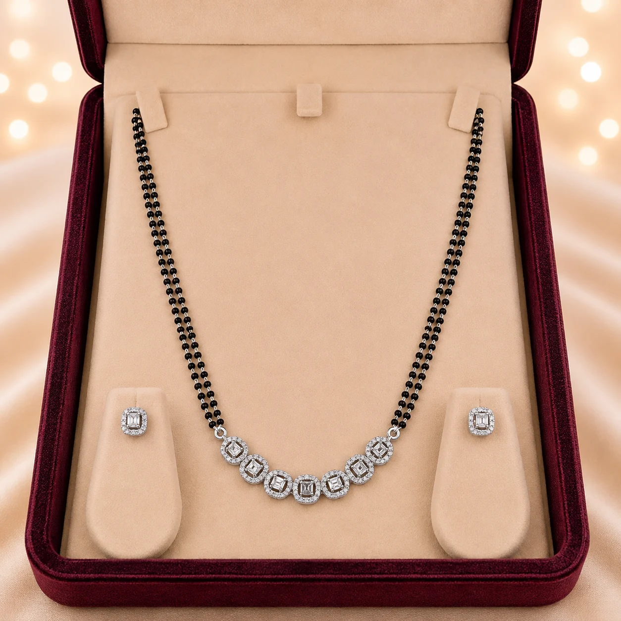 Circle Halo Cluster Row Mangalsutra & Earrings Set