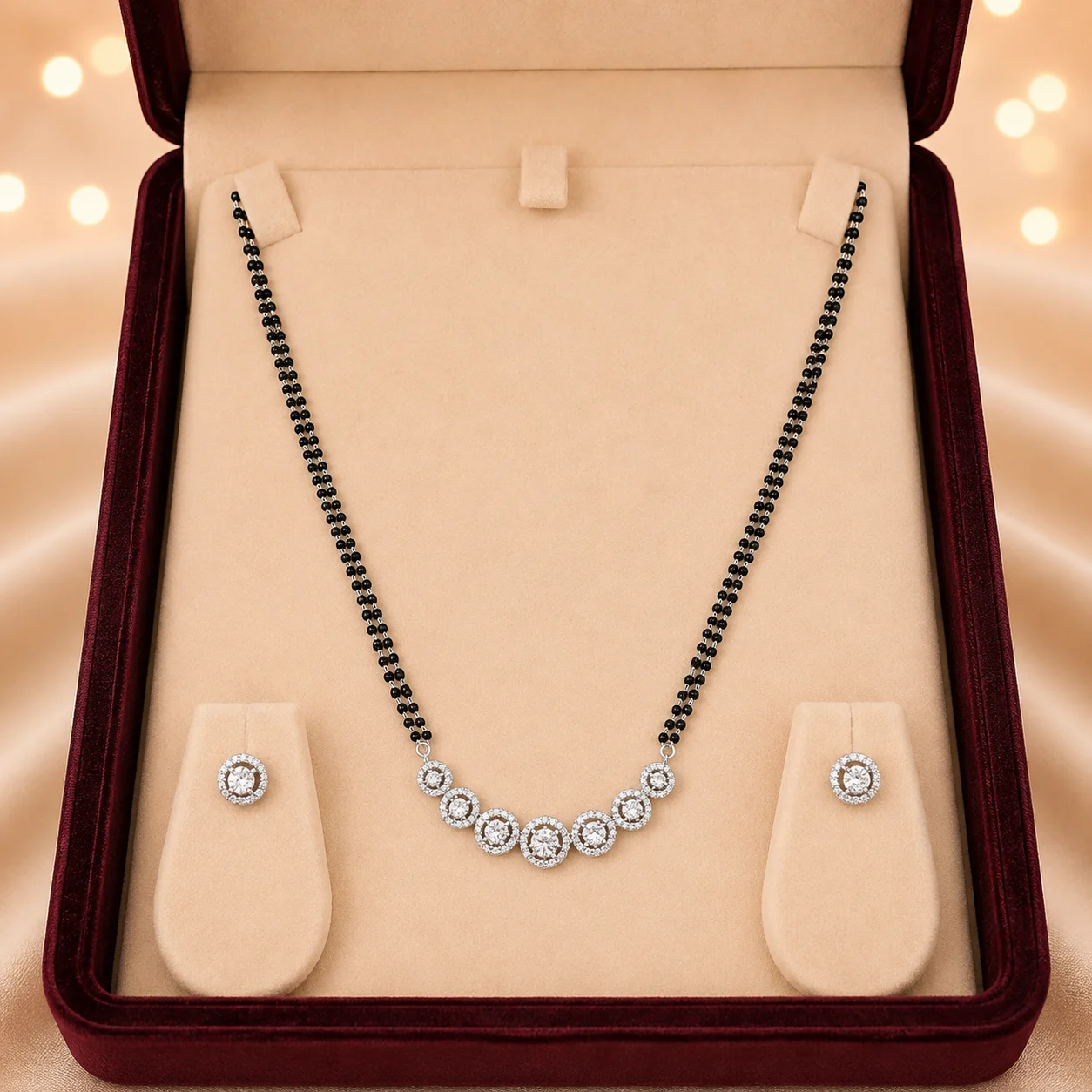 Diamond Halo Row Mangalsutra & Earrings Set