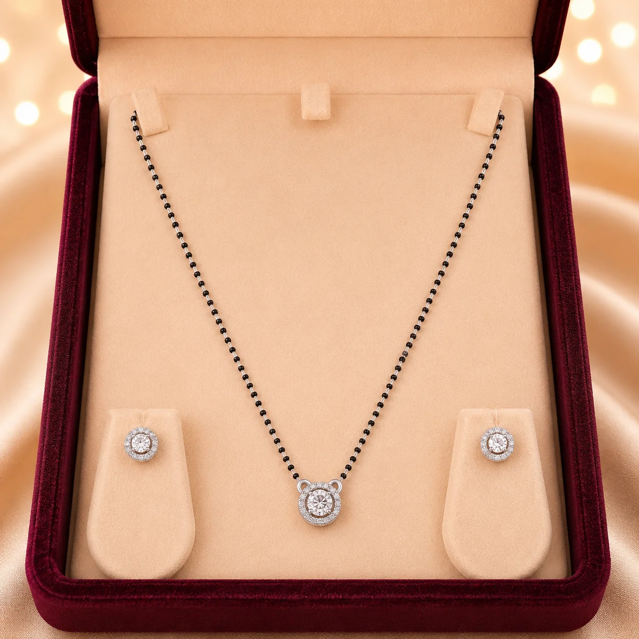 Round Halo Loop Mangalsutra & Earrings Set