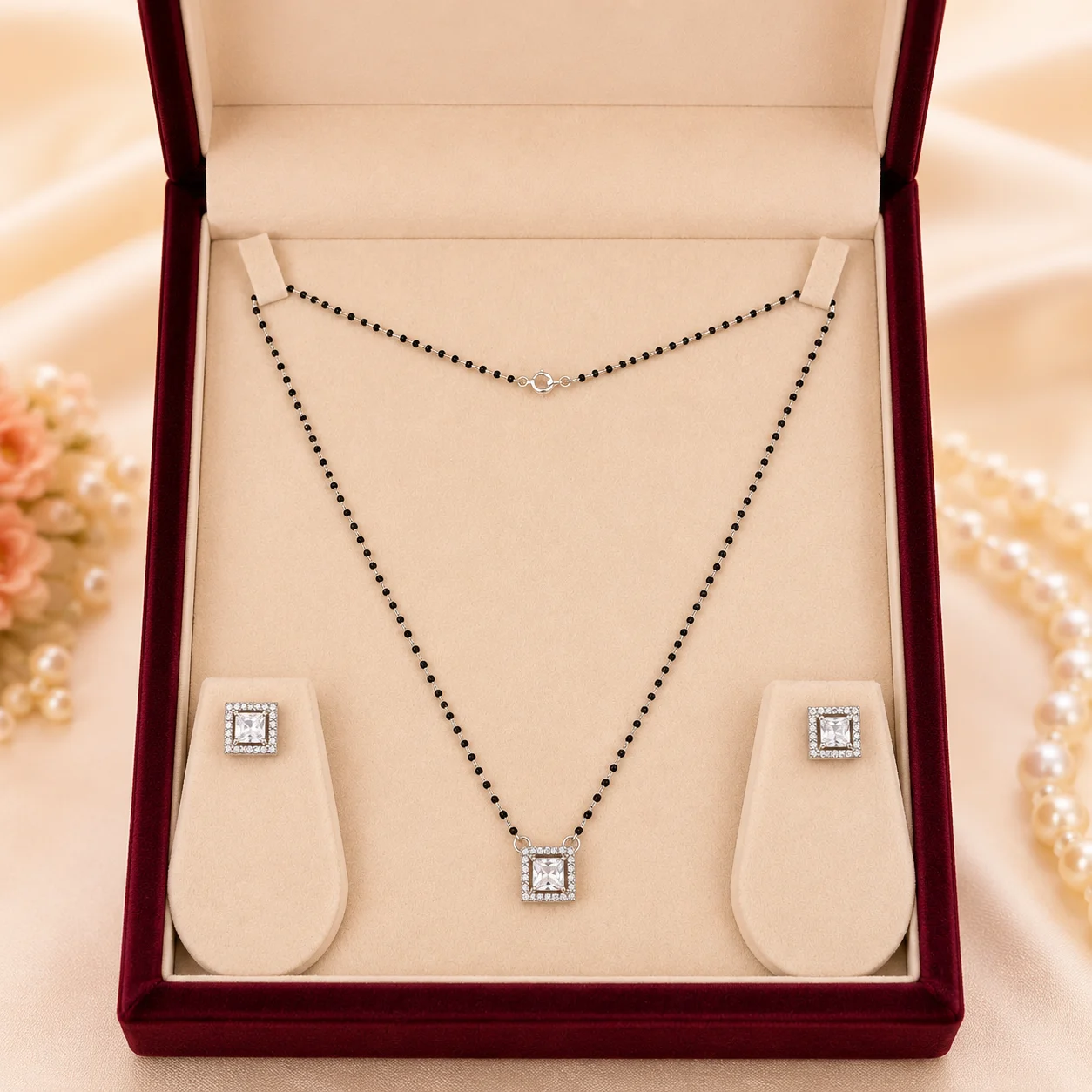 Classic Square Halo Mangalsutra & Earrings Set