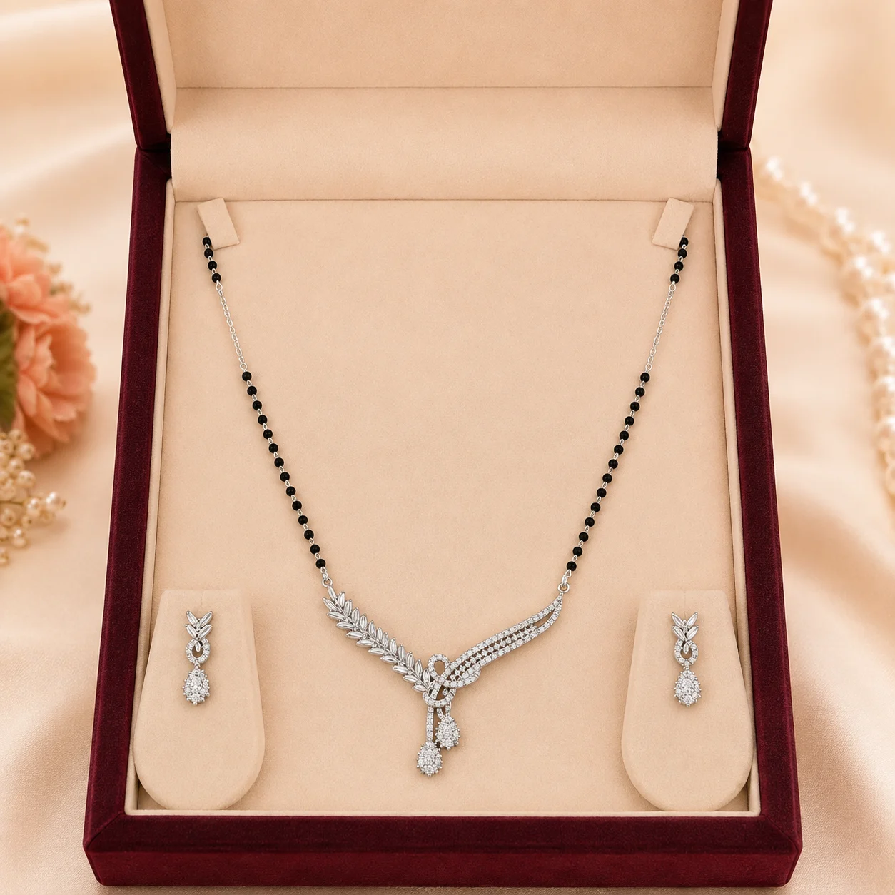 Leaf Spray Drop Mangalsutra & Earrings Set