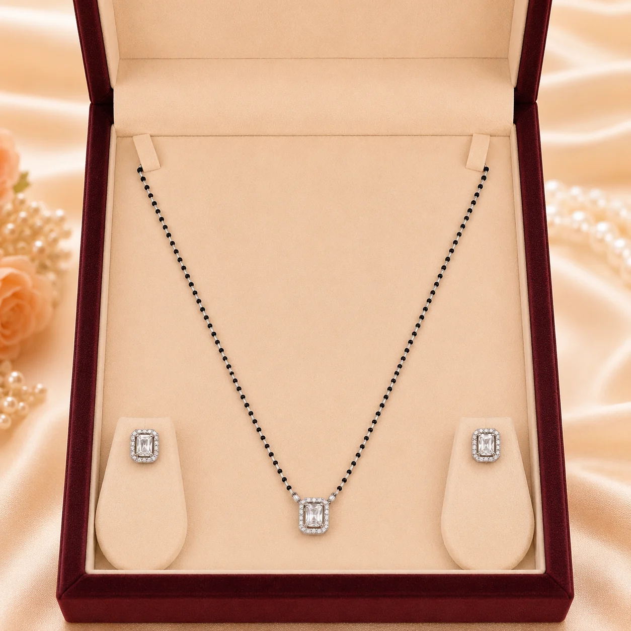 Emerald-Cut Halo Mangalsutra & Earrings Set
