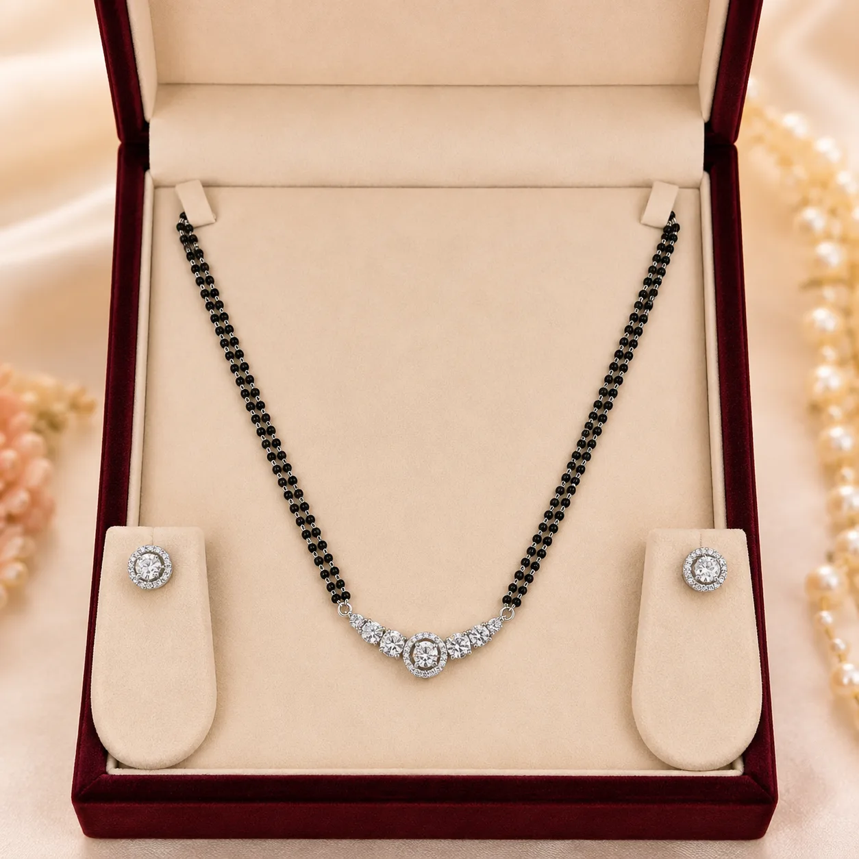 Round Cluster Halo Row Mangalsutra & Earrings Set