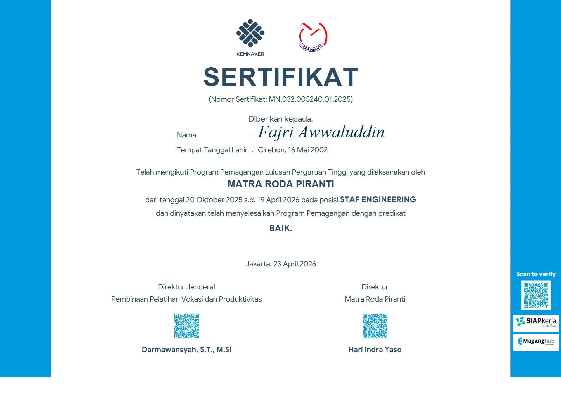 Engineering Staff (MagangHub Kemnaker) di PT Matra Roda Piranti (Otomotif & Fabrikasi)