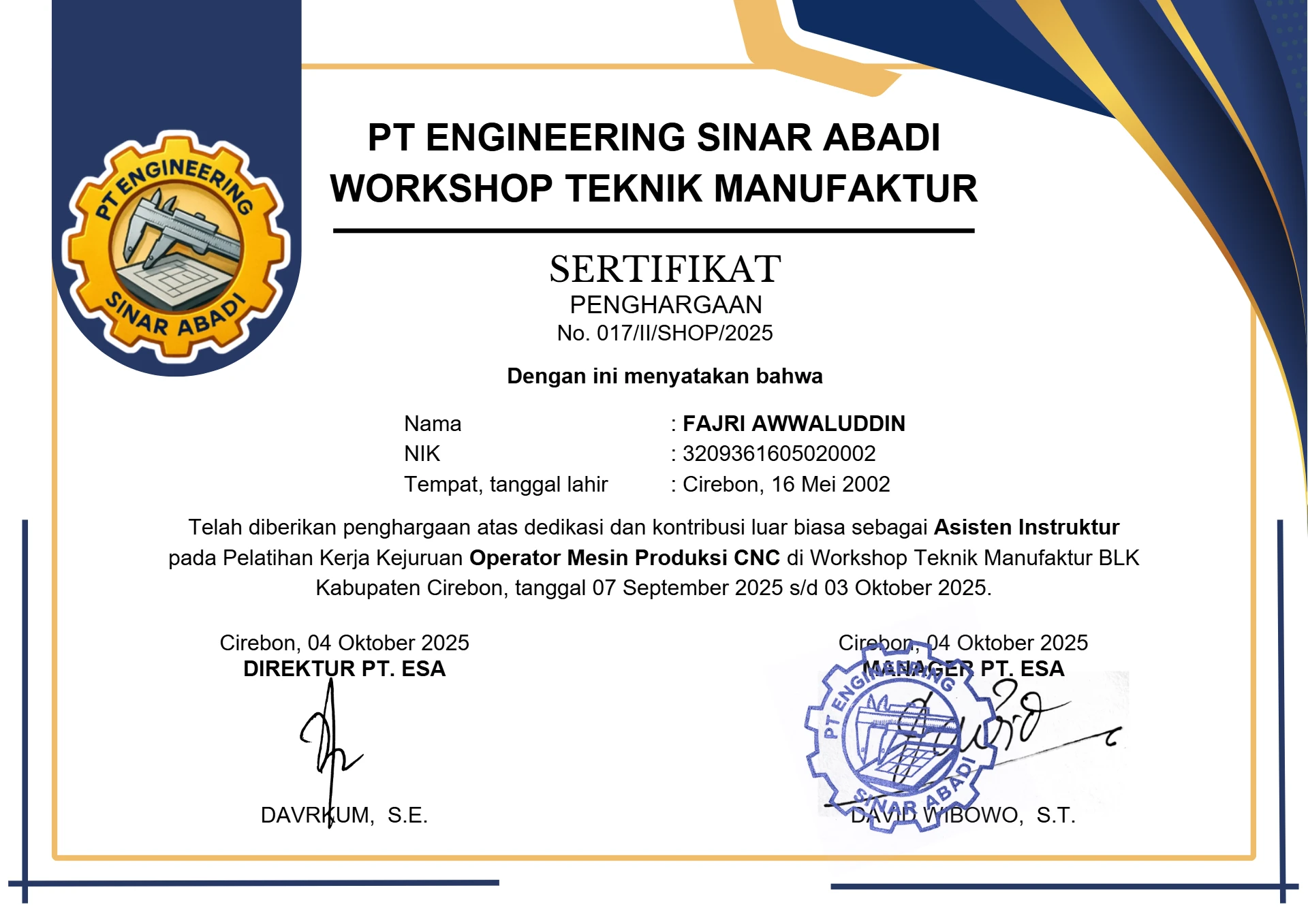 Asisten Instruktur Pelatihan Kerja Operator Mesin CNC di PT Engineering Sinar Abadi (Jasa)