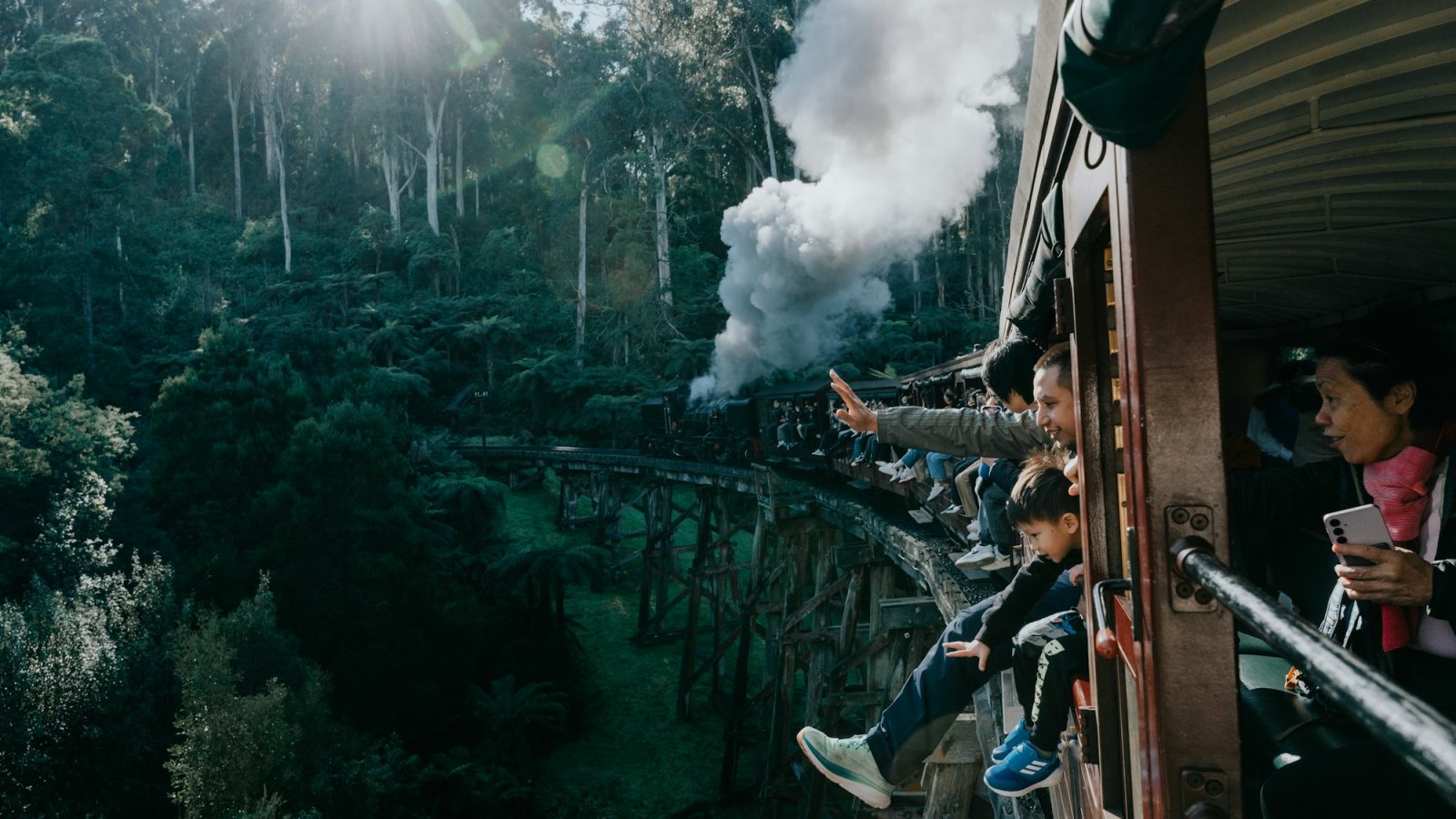 Familia asomada a la ventanilla de un tren de vapor entre bosques