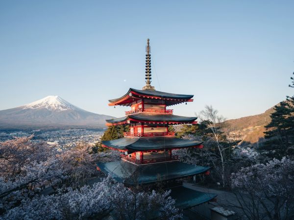 Pagoda Chureito y monte Fuji con cerezos en flor, Japón