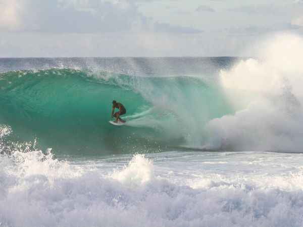 Surfista dentro de un tubo en una ola del North Shore de Oahu, Hawái