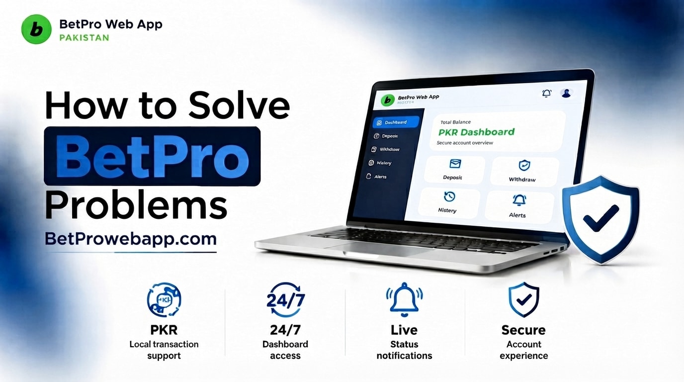 "How to solve BetPro account problems with a secure dashboard interface showing deposit, withdrawal, account history, and support options on a laptop screen."