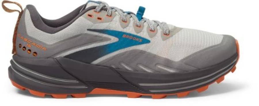  Brooks Men's Cascadia 16 Trail Running Shoe - Oyster  Mushroom/Alloy/Orange - 7 Medium