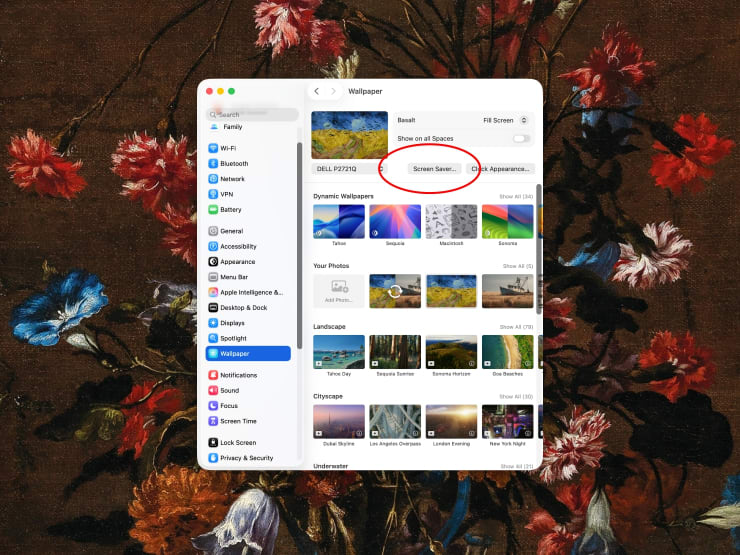 macOS System Settings > Wallpaper > Screen Saver