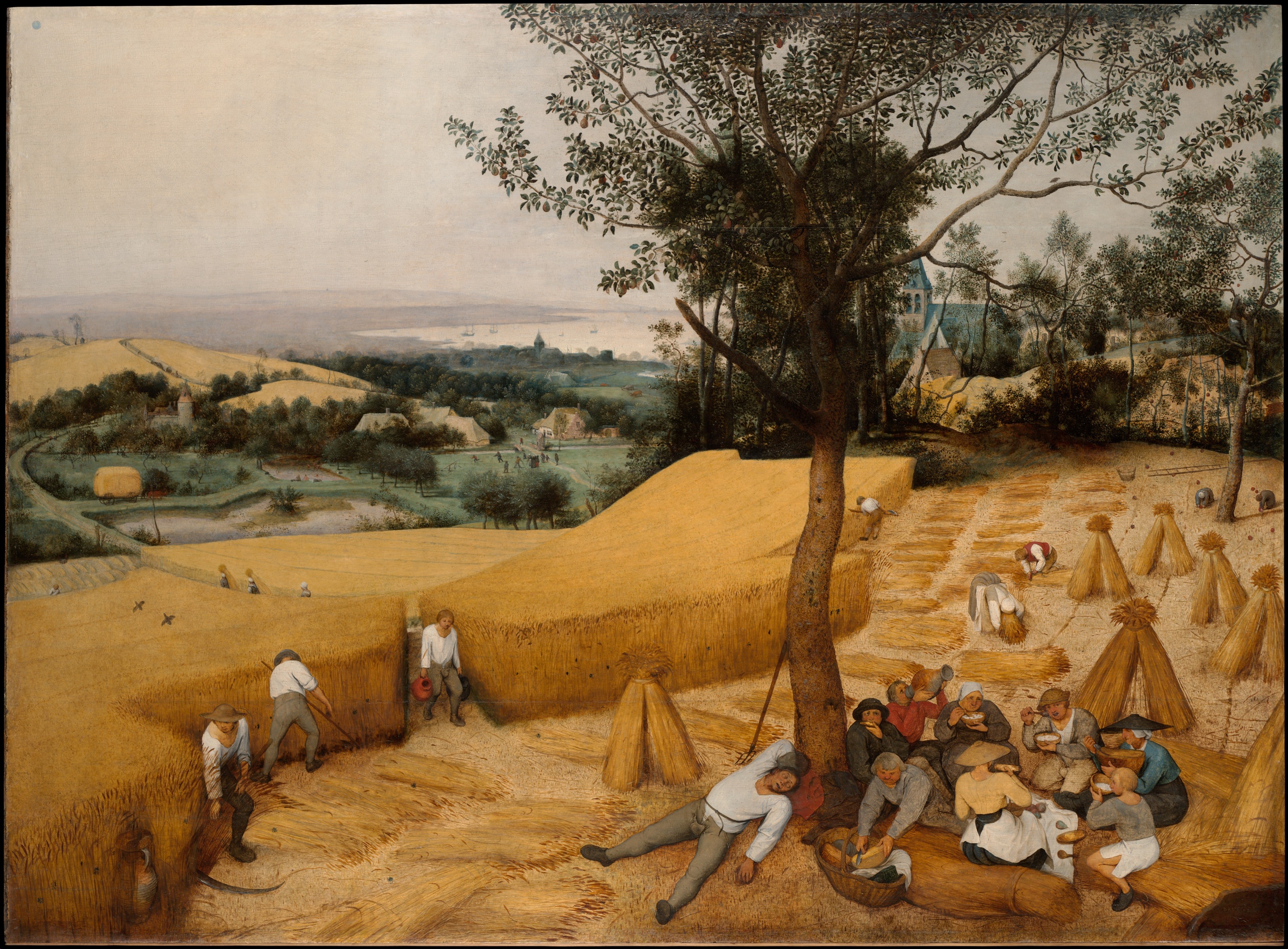One of a series of six panels depicting different times of the year, this masterpiece represents late summer (August). It is widely considered a turning point in Western art for its naturalistic focus on the landscape and the mundane daily lives of peasants rather than traditional religious or mythological themes.