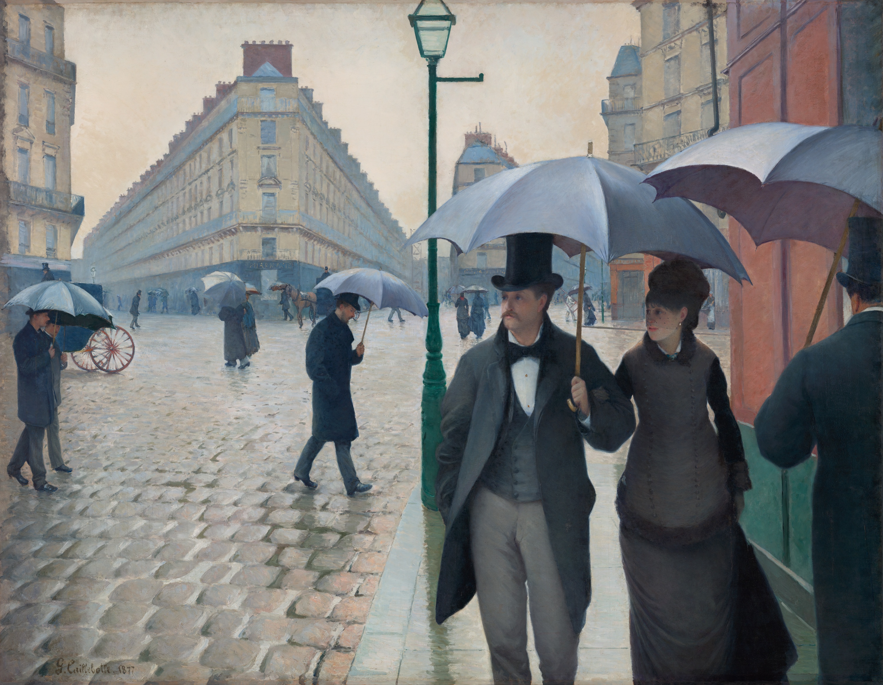 Gustave Caillebotte's masterpiece is renowned for its monumental scale and complex perspective. It captures the newly modernized Haussmann streets of Paris, using a photography-like 'crop' and cool, diffused light to depict the atmosphere of a drizzly afternoon.
