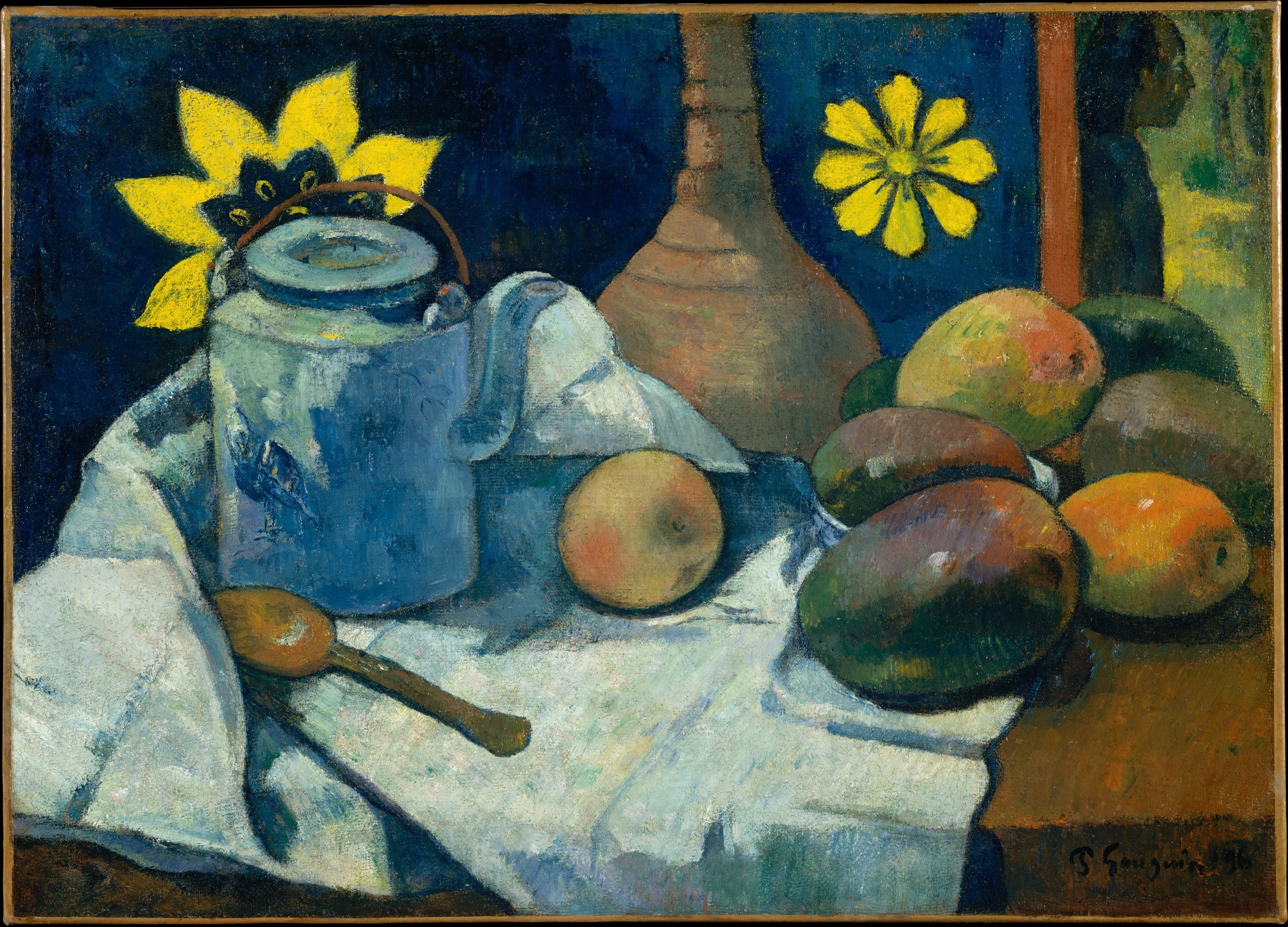 Painted during Gauguin's second stay in Tahiti, this work showcases his signature move toward bold, symbolic colors and simplified forms. It juxtaposes familiar European objects, like the blue teapot, with exotic local fruit, reflecting his complex cultural environment.