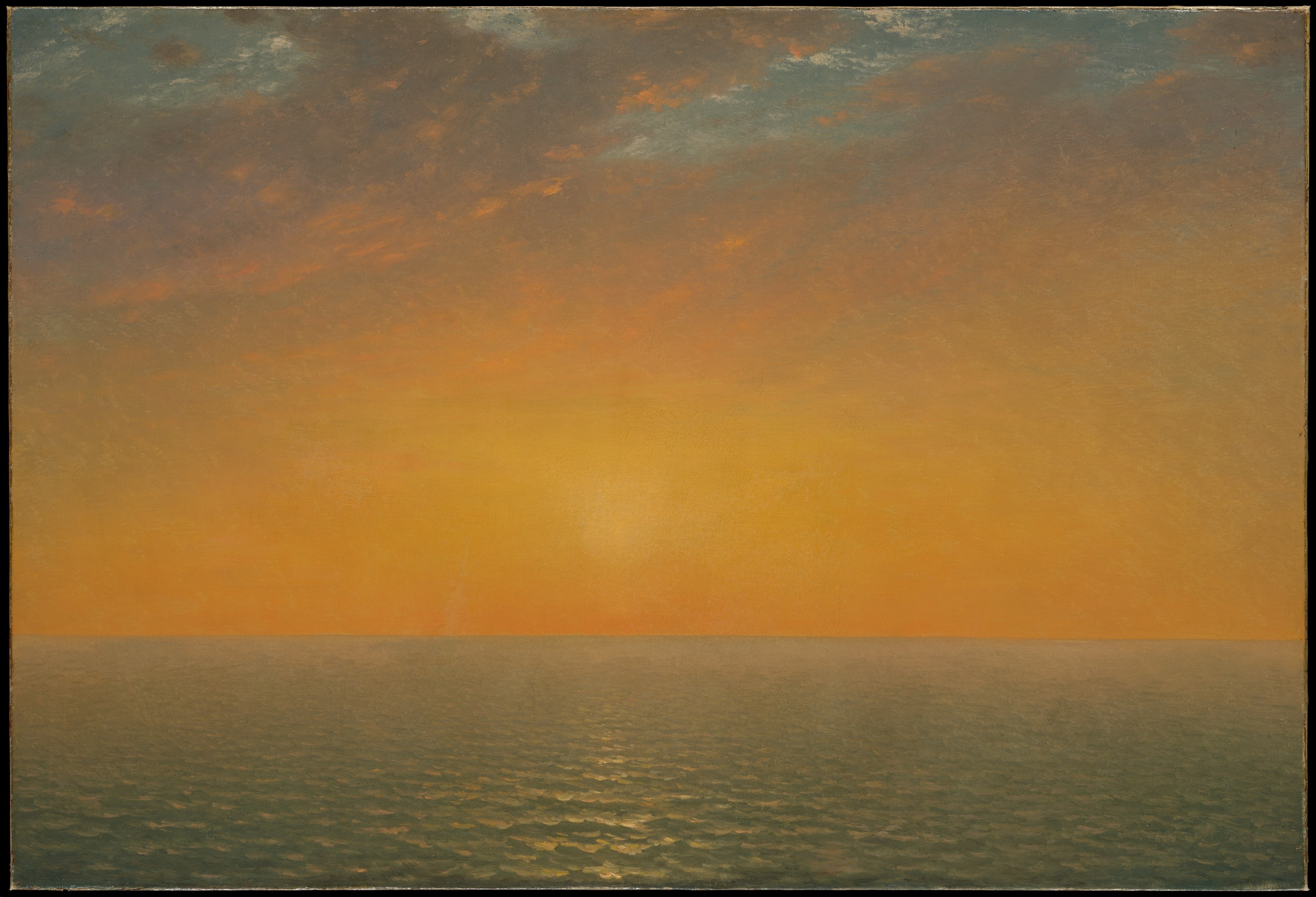 This painting is part of Kensett's 'Last Summer' series, created shortly before his death. It is a quintessential example of Luminism, characterized by its focus on the effects of light, atmosphere, and a mirror-like water surface that evokes a sense of spiritual peace.