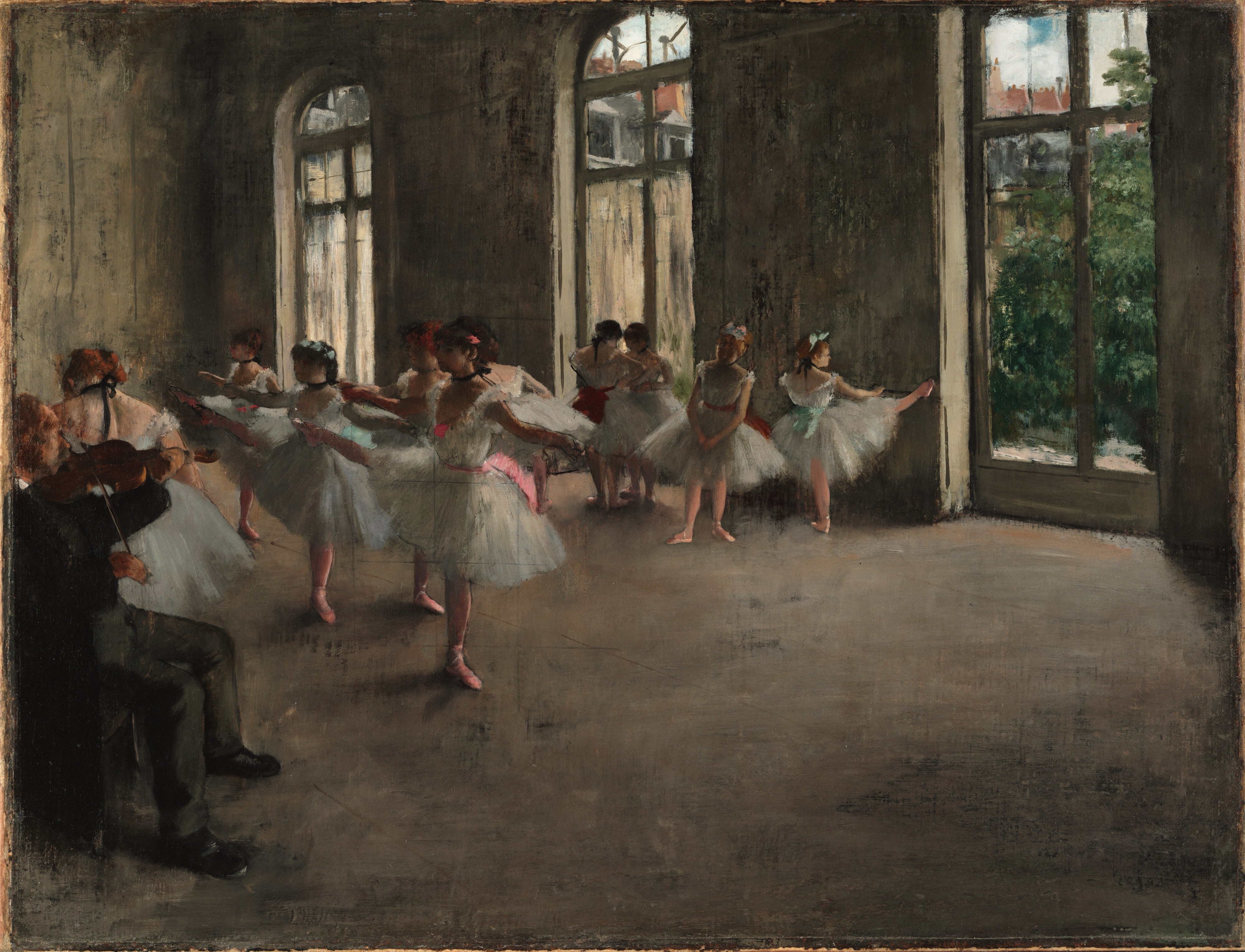 Degas captures the unglamorous reality of ballet practice, focusing on the dancers' physical exertion and quiet moments of rest. The unconventional, asymmetrical composition and the use of natural light from the large windows are hallmark features of his Impressionist style.