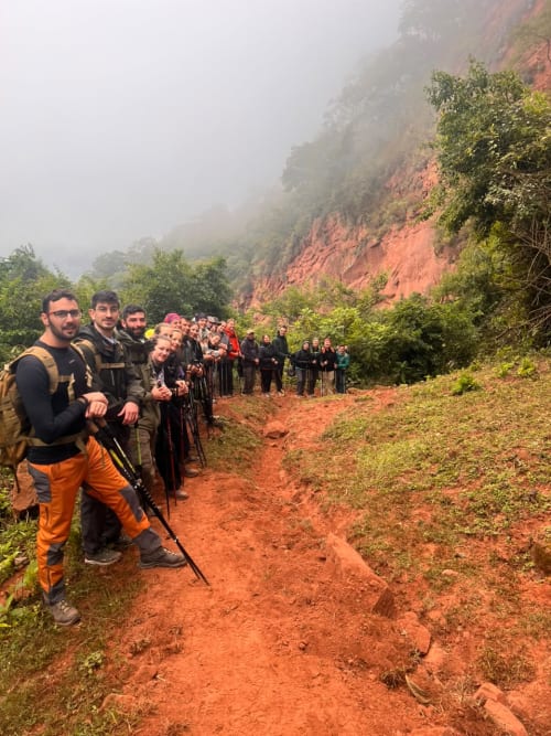 Grupo numeroso de personas haciendo trekking