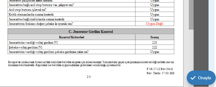 Muayene personeli veri girişlerini yaptıktan sonra muayene sorumlusu tarafından form onaylanır. Bir iş emrindeki bütün muayeneler tamamlandıktan sonra iş emri biten muayeneler bölümüne aktarılır.