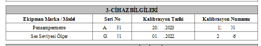 Muayenelerde kullandığınız ekipmanlarınızın kalibrasyon bilgilerini rapor formunuza otomatik olarak gelir.