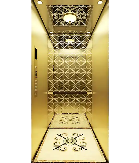 Duplex Villa Lift from FUJI Elevator — Homy Elevator — Ceiling: Stainless steel frame (champaign gold), mirror etching (champaign gold), absorb domelight LED lighting Car wall: Champaign gold sandblased stainless steel, miror etching stainless steel Handrail: Champagne stainless steel and solidwood combination Floor: PVC supplied by Rivet in Ethiopia