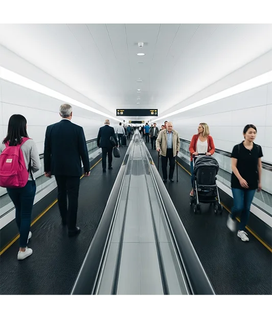 Accessible Moving Walk Installation | Vertical & Horizontal Transportation — Escalator & moving walk —  Specification	Typical Range / Value Working Length	2 m – 200+ m (modular) Clear Width	800, 1000, 1200, 1600, 2000+ mm Incline	0° – ~12° (commonly ≤6°) Speed	0.5 – 0.75 m/s (horizontal) Throughput	~1,600 – 9,000 ppl/hr (estimate) Drive & Control	AC motor + VFD supplied by Rivet in Ethiopia