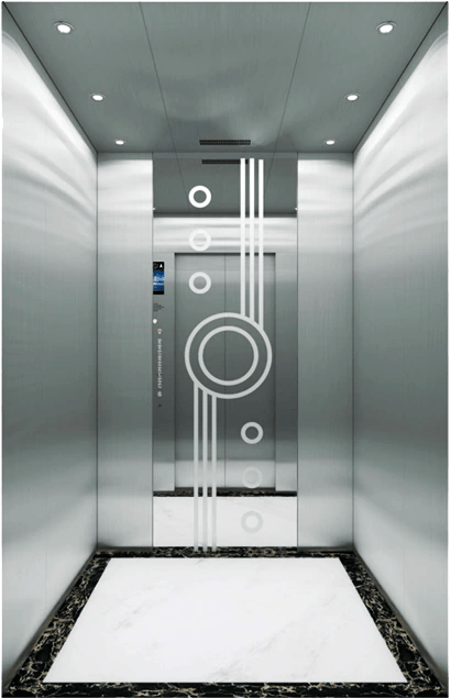 Passenger Elevator for Commercial spaces — Passenger Elevator — Configurations: Ceiling: Hairline stainless steel, acrylic board,LED energy-saving lamp Car wall: Hairline stainless steel,rear wall mirror etching Handrail: None Floor: Marble floor supplied by Rivet in Ethiopia