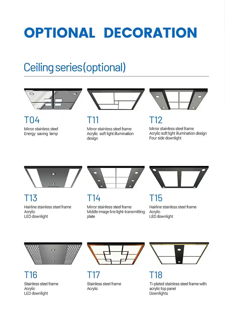 FUJI Elevator Premium & Modern Design Ceiling — Elevator ceiling-floor & landing door — Material Specifications Stainless Steel Grade 304/316, Brushed or Mirror Finish, 0.8-1.2mm Thickness Perforated Aluminum 1.0-1.5mm, Powder-Coated (RAL Colors), 20-30% Open Area PVC/Acrylic 3-5mm Thickness, Anti-UV, Moisture-Resistant Wood Veneer 5-8mm, Oak/Maple/Walnut, Fire-Retardant Coated supplied by Rivet in Ethiopia
