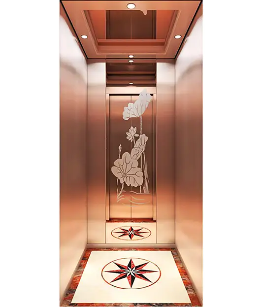 FUJI Home Lift — Homy Elevator — Ceiling: Decorated with don light that has rose gold pattem hairline stainless steel frame, rose gold mirror surface stainless steel plate in middle.and LED light belt surround the middle Car wall: Roes gold patter hairine stainless steelin the left and right, and combined with rose gold pattern hairline stainless steel with roes gold mirror surface etching stainless steel in the back wall Handrail: None Floor: PVC supplied by Rivet in Ethiopia