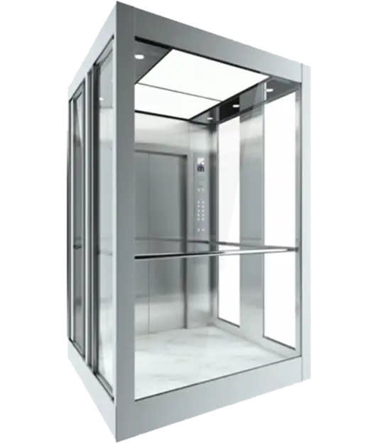 Luxury Panoramic Elevators for Commercial Hotel FE-S12 — Capsule Elevator — Configurations: Upper/lower hood: Simple upper and lower covers Observation wall: Laminated glass Ceiling: Mirror stainless steel, acrylic & downlights Car wall: Hairline stainless steel Handrail: Hairline stainless steel round Floor: PVC supplied by Rivet in Ethiopia