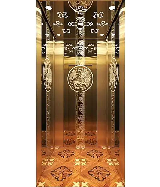 FUJI Smart Villa Elevators: Low Energy Consumption, High Safety — Homy Elevator — Ceiling: Titanium miror stainless steel frame, the middle of the LED light transmission plate Car wall: mirror etching, titanium Handrail: None Floor: PVC supplied by Rivet in Ethiopia