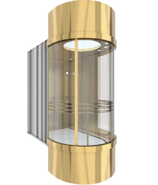 FUJI High-Rise Sightseeing Elevators — Capsule Elevator — Configurations: Upper/lower hood: Titanium golden mirror stainless steel Observation wall: Laminated glass Ceiling: Titanium gold mirror stainless steel, acrylic & LED downlights Car wall: Titanium gold mirror stainless steel Handrail: Titanium gold mirror stainless steel round triplex Floor: PVC supplied by Rivet in Ethiopia
