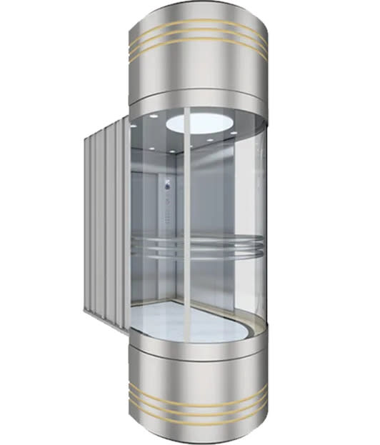 Panoramic Lift for Commercial Buildings — Capsule Elevator — Upper/lower hood: Painted steel with decoration Observation wall: Three pieces of laminated glass Ceiling: White ceiling and down light Car wall: Hairline stainless steel Handrail: Single tube with stainless steel Floor: PVC floor supplied by Rivet in Ethiopia