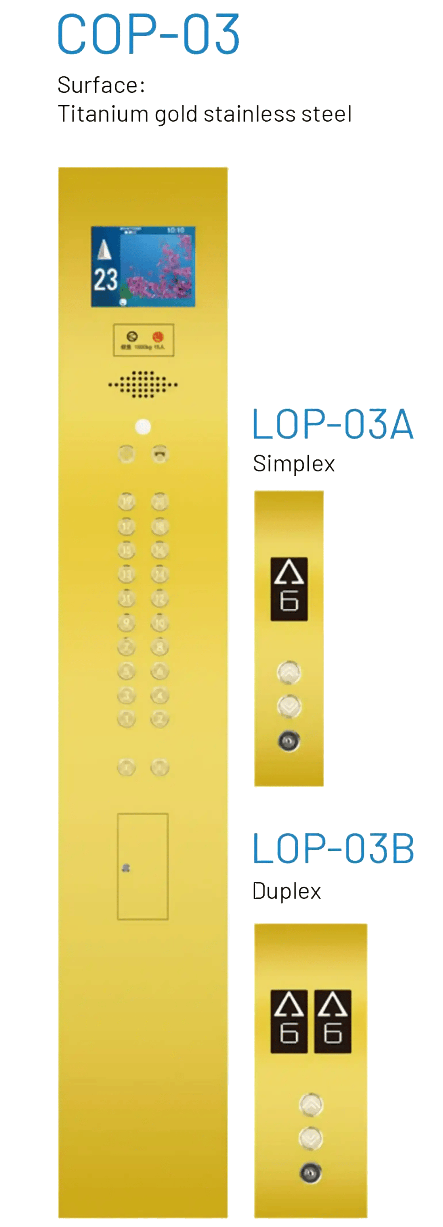 Secure Elevator LOP & COP Panels — Elevator COP & LOP — COP Design: Model: COP-03 Surface : Titanium Gold stainless steel Display : 7-inch picture machine (Optional)  LOP Design: Model: LOP-03 Surface : Titanium Gold stainless steel Display : 4.3' Segment code LCD (Optional) supplied by Rivet in Ethiopia