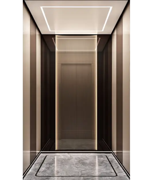 Product 1 Luxury Villa Elevators with high weight capacity — Homy Elevator — Ceiling: White paint steel plate, LED lightbelt Car wall: Bronze hairline stainless steelanti-fingerprint, cosmetic steel plate,bronze mirror stainless steel, artglass, LED light strip Floor: Standard PVC (optional marble) supplied by Rivet in Ethiopia