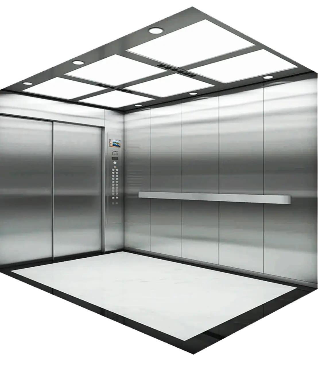 Vertical Patient Transport Solutions — Hospital bed- Elevators — Ceiling: Hairline stainless steel, acrylic, LED light Cabin Wall: Hairline stainless steel Cabin Door: Hairline stainless steel Handrail: Stainless steel flat armrest Floor: PVC supplied by Rivet in Ethiopia