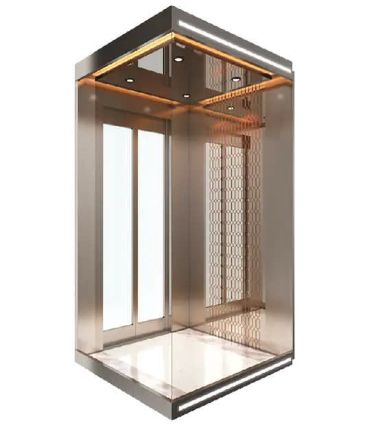 FUJI High-Speed Elevators for Skyscrapers — Capsule Elevator — Configurations: Ceiling: Stainless steel frame. downlight, transparent plate Car wall: Mirror stainless steel,wood plate Handrail: Stainless steel solid wood combination Floor: Marble floor supplied by Rivet in Ethiopia