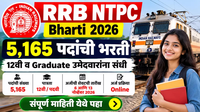 RRB NTPC Bharti 2026: भारतीय रेल्वेत 5,165 पदांची भरती; 12वी आणि पदवीधर उमेदवारांना संधी