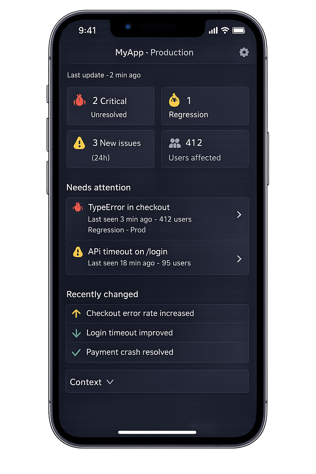 Sentinel mobile app dashboard showing critical Sentry issues with severity indicators