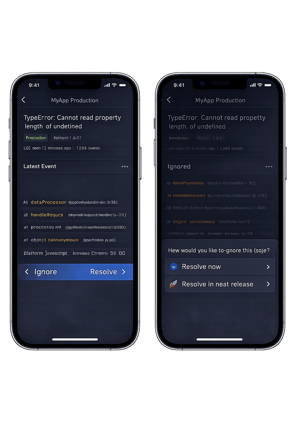 Sentinel mobile AI generated example interface showing native swipe gestures: swipe left to 'Ignore' and swipe right to 'Resolve' an issue.