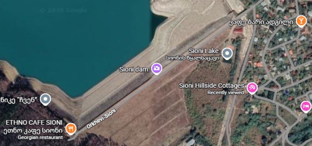 Map showing Sioni Hillside Cottages location near Sioni Reservoir, Tianeti, Georgia