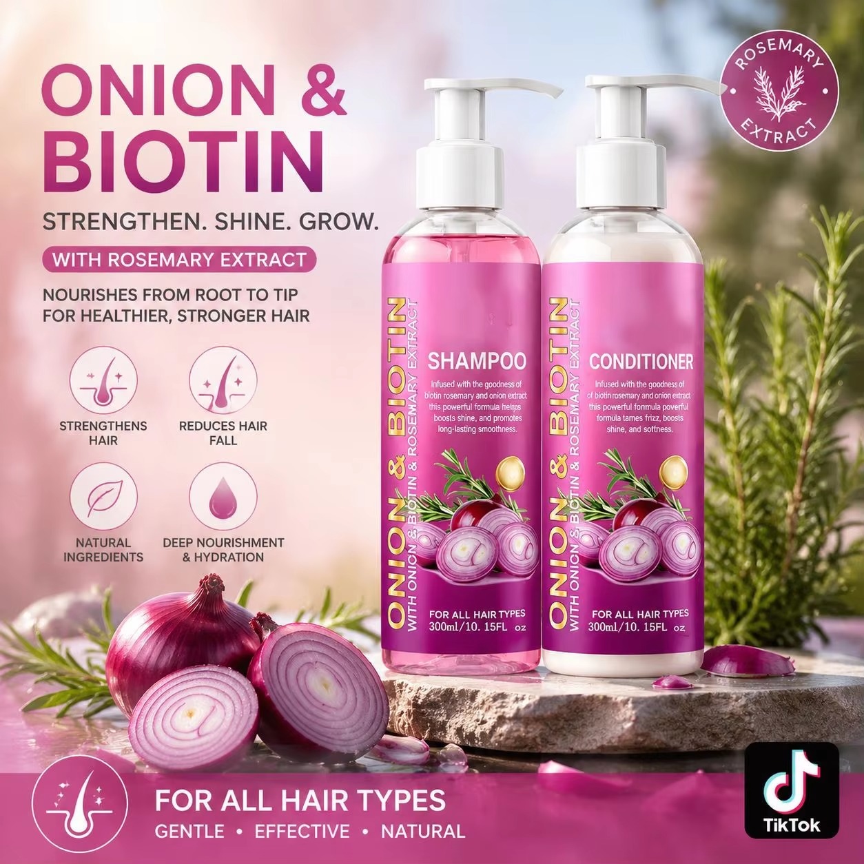 300ml Onion Biotin Shampoo Conditioner Rosemary Extract Deep Nourish Scalp Strengthen Hair Hydrating Hair Care for All Hair Type