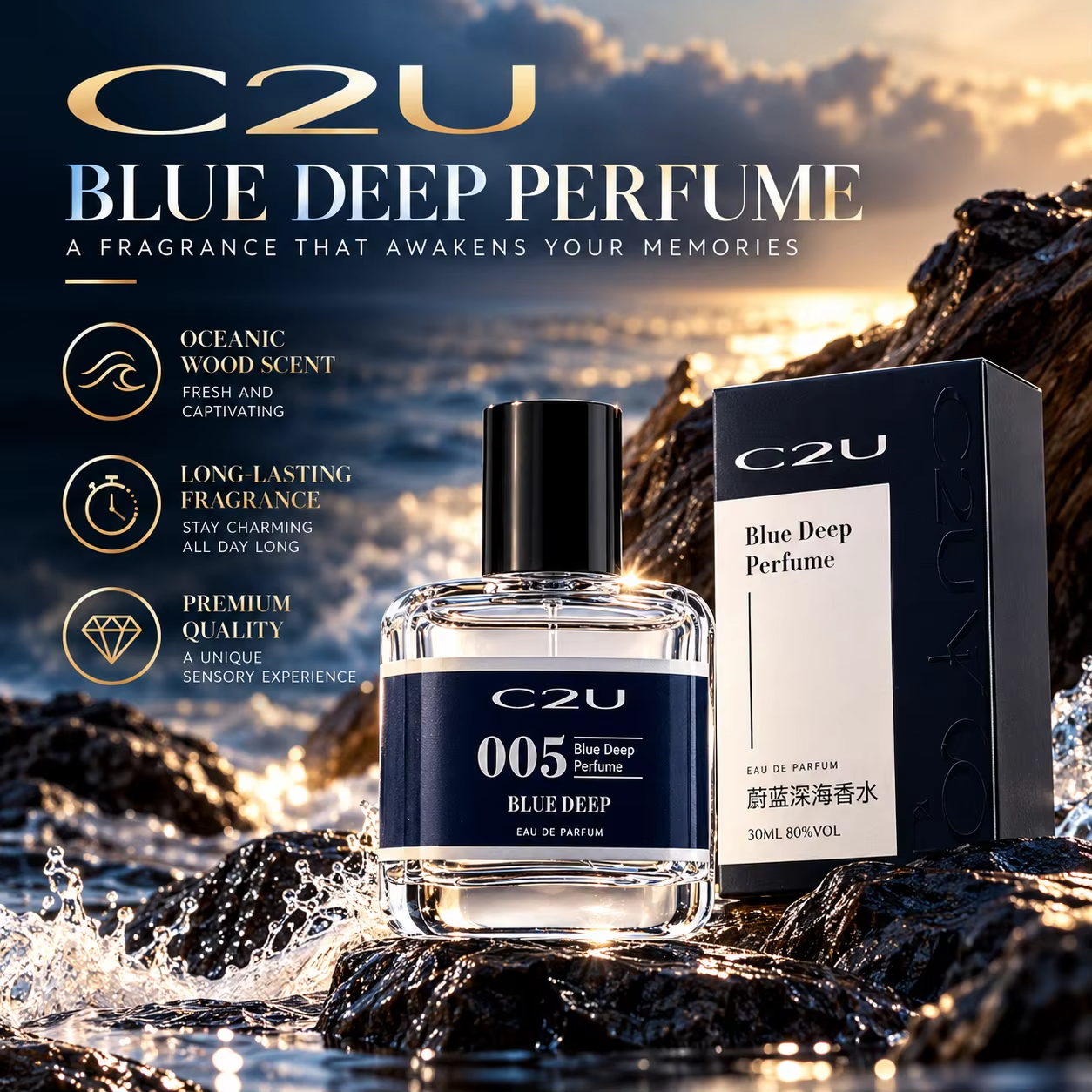 C2U Blue Deep EDP Perfume 30ml For Men Oceanic Wood Scent Fresh Captivating Long Lasting Men Perfume Gift