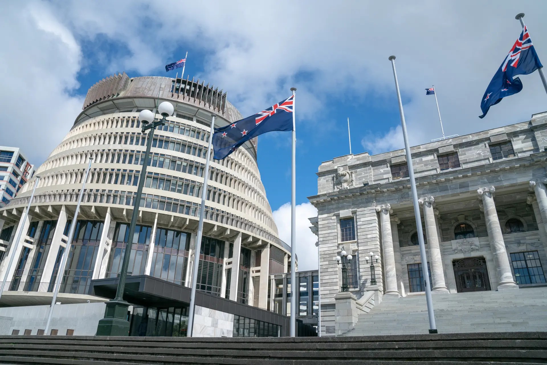 The Beehive and Parliament House in Wellington, New Zealand