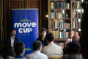 Magnus Carlsen and fellow panellists at the MOVE Cup launch press conference in Barcelona, beside a banner announcing the tournament for 18 to 20 January 2027