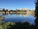 Harrisburg's skyline seen across the Susquehanna River from City Island, with an iron footbridge at left, under a clear blue sky