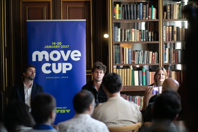 Magnus Carlsen and fellow panellists at the MOVE Cup launch press conference in Barcelona, beside a banner announcing the tournament for 18 to 20 January 2027