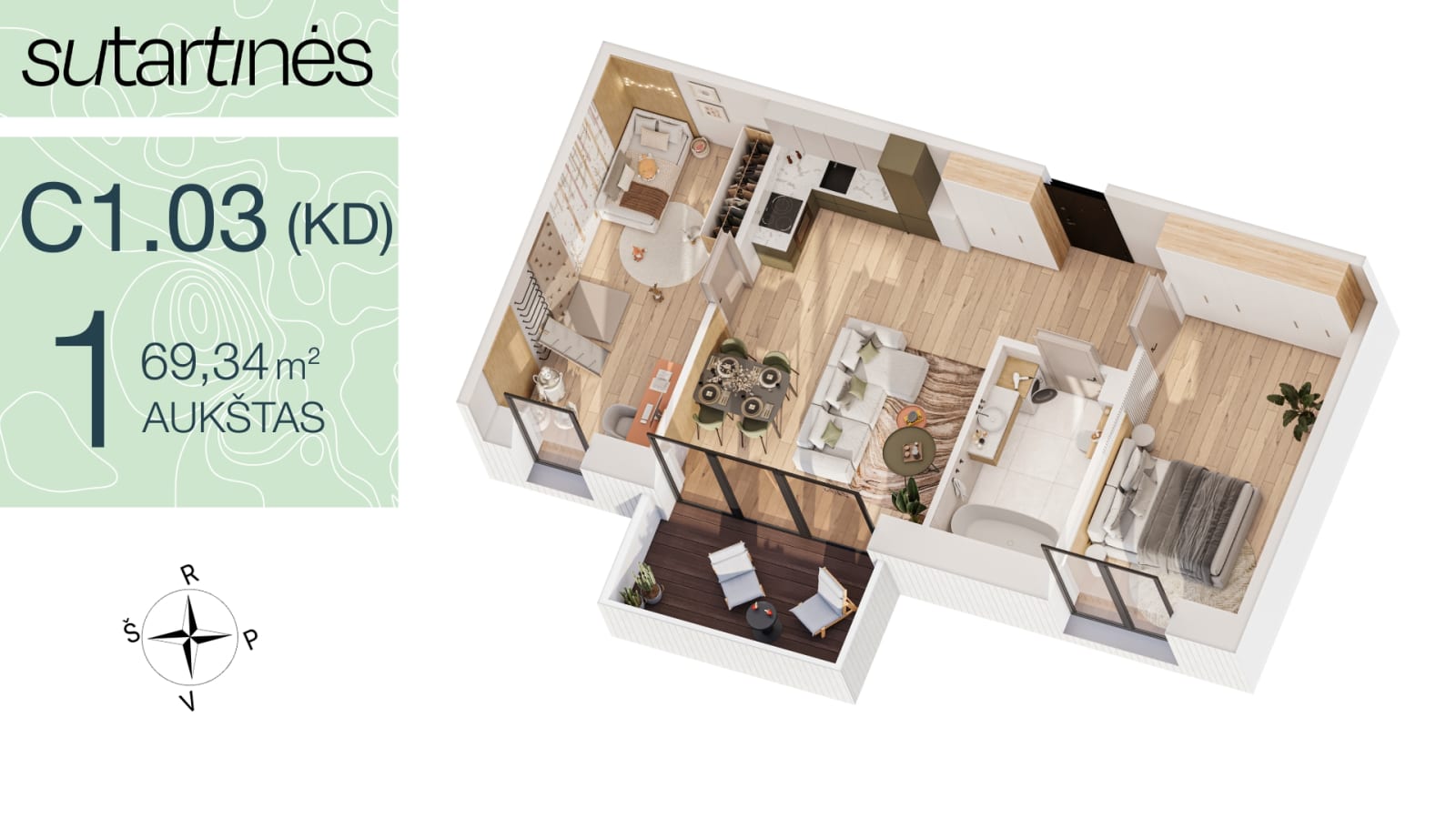 Flat C1.03 (KD) floor plan with furniture