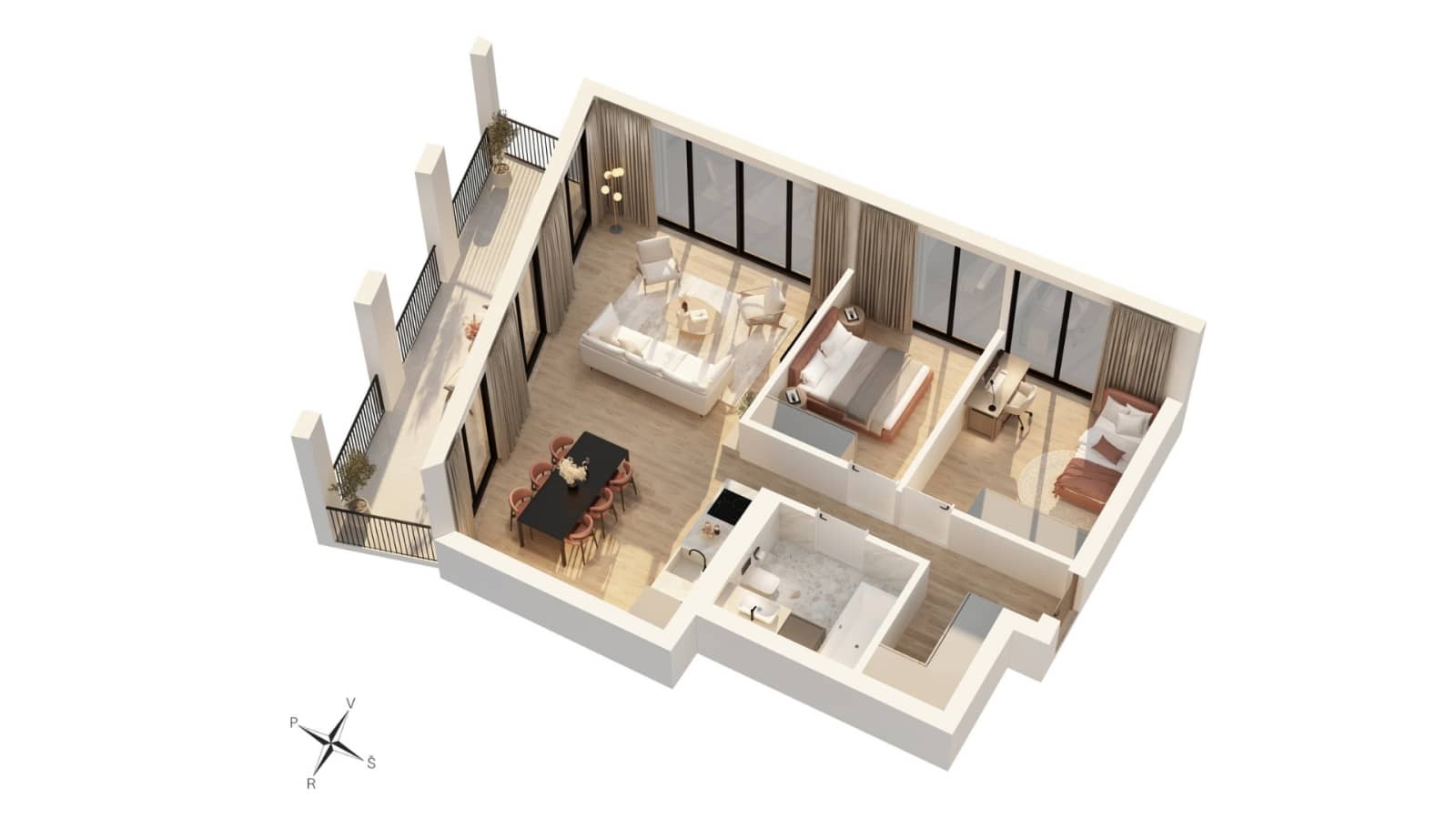 Flat B-1-3 floor plan with furniture