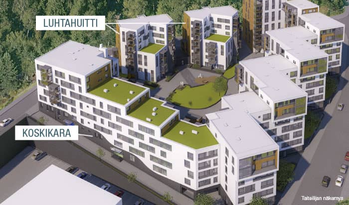 Rakennamme Myllykallion kupeeseen, Lauttasaarentien varrelle uuden modernin kerrostalokorttelin, jonne tulee kaikkiaan neljä asunto-osakeyhtiötä käsittävä tyylikäs kokonaisuus. Kuva taiteilijan näkemys.