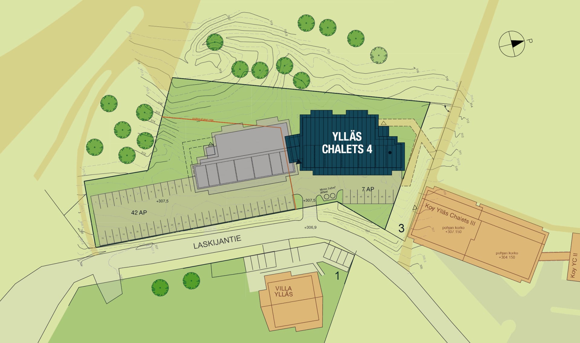 Myytävät loma-asunnot Ylläs Chalets IV. Ylläs. Asemapiirros.